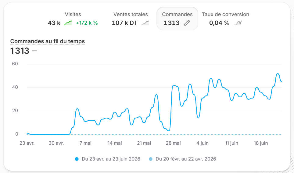Shopify dashboard showing 1,313 total orders placed for KAZA96