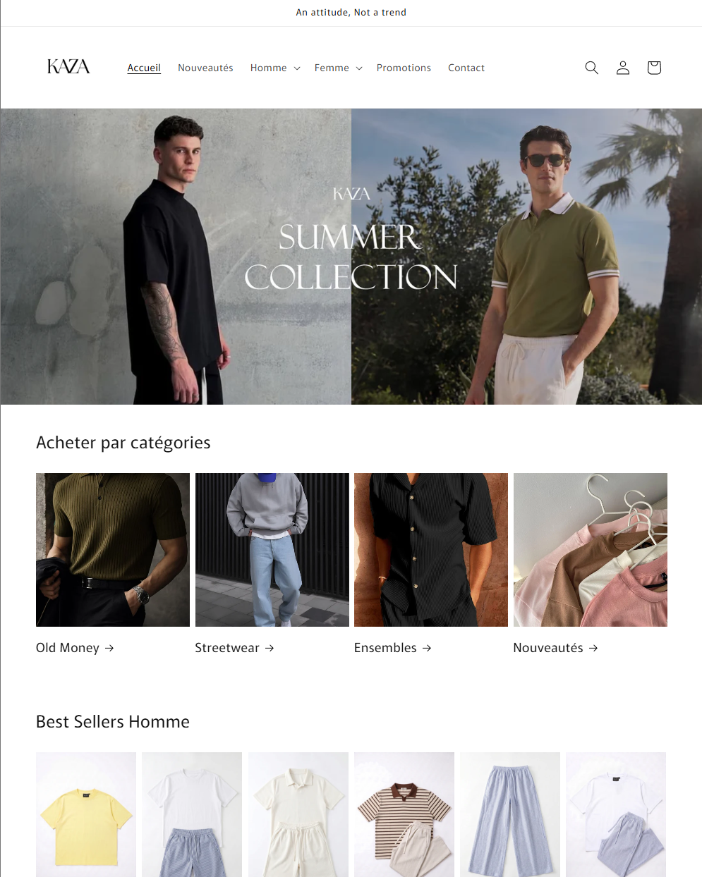 KAZA96 homepage showing the Summer Collection hero, shop-by-category grid and best sellers for men