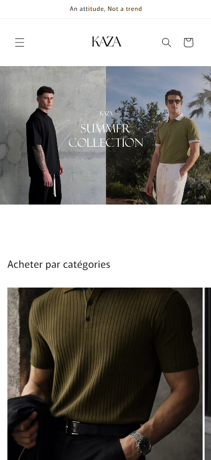 KAZA96 homepage on mobile showing the Summer Collection hero and shop-by-category section