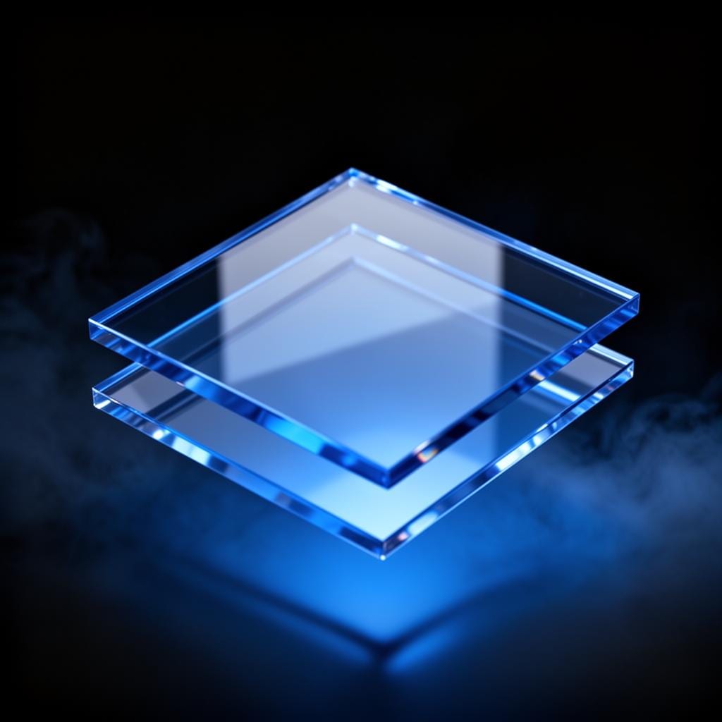 Layered translucent blue glass panels